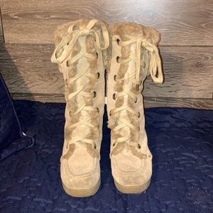 Report Tan suede lace up wedge boots